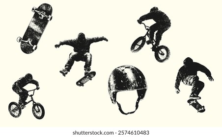 Skateboarders and BMX riders performing tricks with a helmet illustration