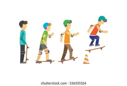 Skateboarders boys in protective equipment and helmets jumping over orange traffic cone. Skateboard wearing protective gear. Summer vacation, healthy lifestyle, leisure activities illustration