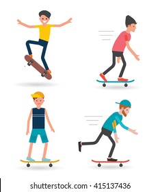 Skateboarders characters set. Youngster doing a skateboard trick, vector illustration