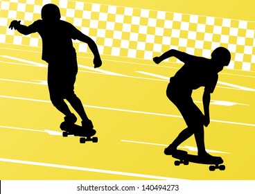 Skateboarders detailed silhouettes illustration background vector