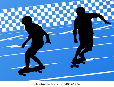 Skateboarders detailed silhouettes illustration background vector