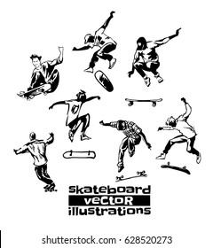 Skateboarders figures. Jumping trick, vector illustration.