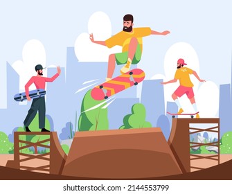 Skateboarders jumping. Action sport characters outdoor riders on skateboard playground garish vector cartoon background