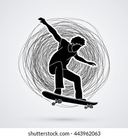 Skateboarders jumping designed on confuse line background graphic vector.