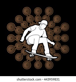 Skateboarders jumping designed on fireworks background graphic vector.