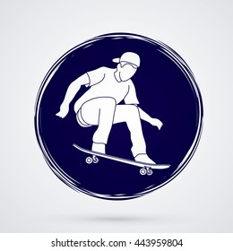 Skateboarders jumping designed on grunge cycle background graphic vector.