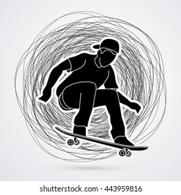 Skateboarders jumping designed on grunge stroke background graphic vector.