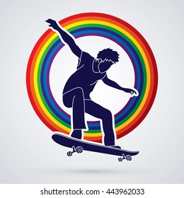 Skateboarders jumping designed on line rainbows background graphic vector.