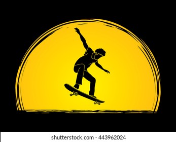 Skateboarders jumping designed on moonlight background graphic vector.