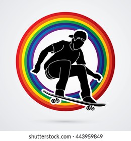 Skateboarders jumping designed on rainbows background graphic vector.