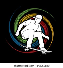 Skateboarders jumping designed on spin wheel background graphic vector.