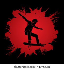 Skateboarders jumping designed on splash blood background graphic vector.