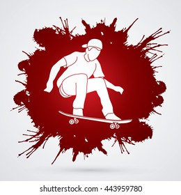 Skateboarders jumping designed on splatter blood background graphic vector.