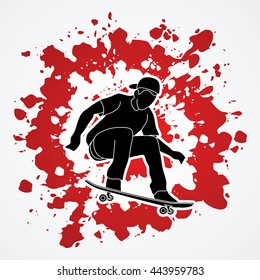 Skateboarders jumping designed on splatter blood background graphic vector.