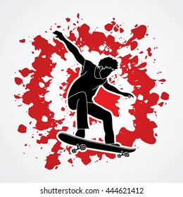 Skateboarders jumping designed on splatter blood background graphic vector.