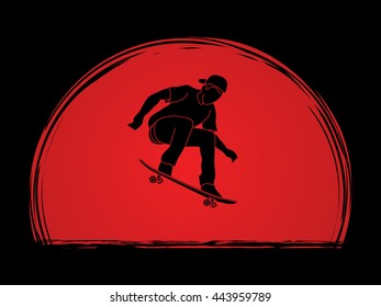 Skateboarders jumping designed on sunset background graphic vector.
