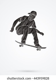 Skateboarders jumping designed using black grunge brush graphic vector.