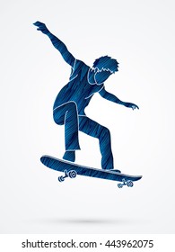 Skateboarders jumping designed using blue grunge brush graphic vector.