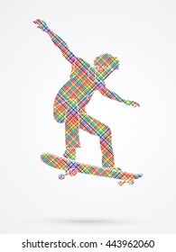 Skateboarders jumping designed using colorful pixels graphic vector.