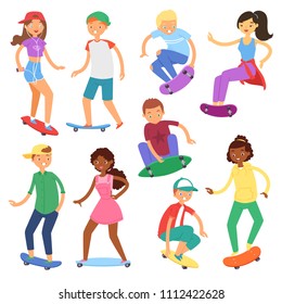 Skateboarders on skateboard vector boy or girl characters or teenager skaters jumping on board in skatepark illustration set of people skating isolated on white background