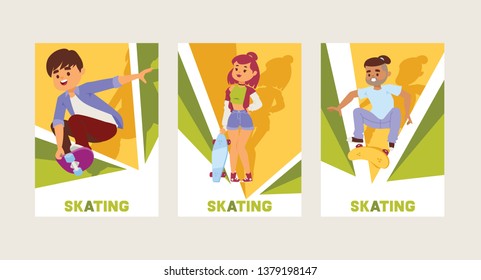 Skateboarders on skateboard vector skateboarding boy or girl characters backdrop teenager skaters jumping on board in skatepark illustration set of people skating background.