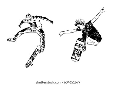 Skateboarders on white background. Extreme theme modern print. Vector design elements. Isolated on white