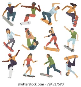 Skateboarders people tricks silhouettes sport extreme action active skateboarding urban young jump person vector illustration.