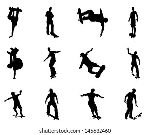 Skateboarders performing lots of tricks on their boards. Very high quality detailed skating skateboarder silhouette outlines.