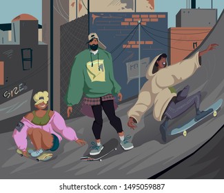 Skateboarders riding skateboard at skate park with friends. Young people having fun, training, jumping and doing a tricks. Cartoon vector illustration