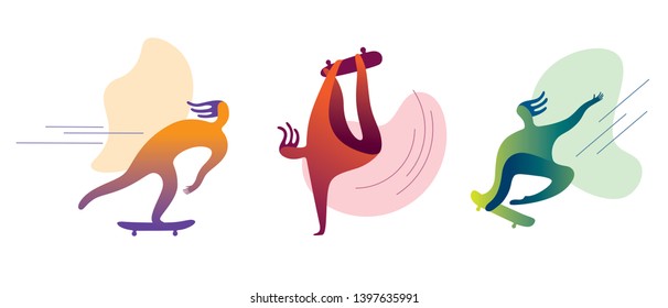 Skateboarders set in a trendy minimalist style. Abstract liquid shapes.