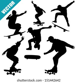 Skateboarders silhouettes on white background, vector illustration