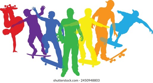 Skateboarders skateboarding on skate boards silhouette people set. Active sports people healthy players fitness silhouettes concept.