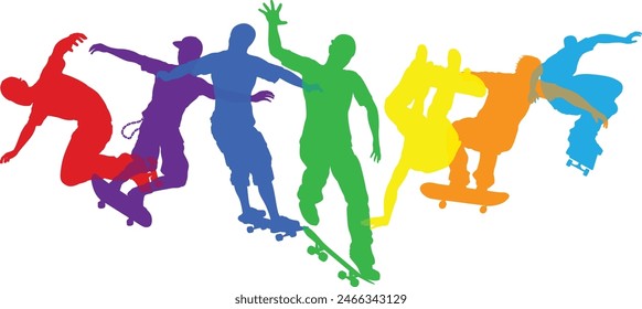 Skateboarders skateboarding on skate boards silhouette people set. Active sports people healthy players fitness silhouettes concept.