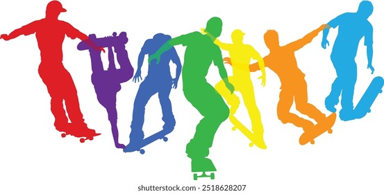 Skateboarders skateboarding on skate boards silhouette people set. Active sports people healthy players fitness silhouettes concept.