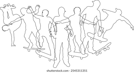 Skateboarders skateboarding on skate boards silhouette people set. Active sports people healthy players fitness silhouettes concept.