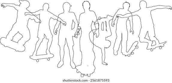 Skateboarders skateboarding on skate boards silhouette people set. Active sports people healthy players fitness silhouettes concept.