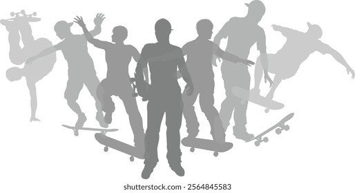 Skateboarders skateboarding on skate boards silhouette people set. Active sports people healthy players fitness silhouettes concept.