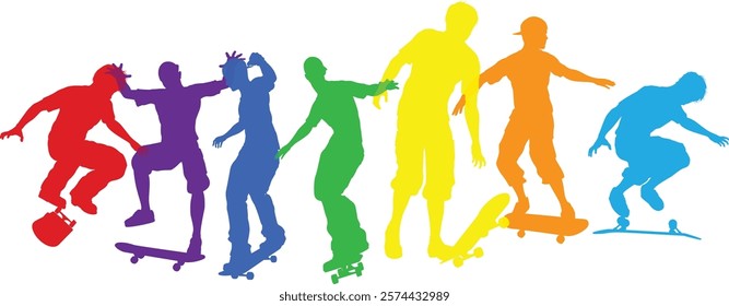 Skateboarders skateboarding on skate boards silhouette people set. Active sports people healthy players fitness silhouettes concept.