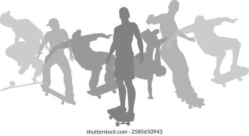 Skateboarders skateboarding on skate boards silhouette people set. Active sports people healthy players fitness silhouettes concept.