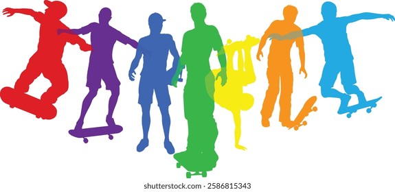 Skateboarders skateboarding on skate boards silhouette people set. Active sports people healthy players fitness silhouettes concept.