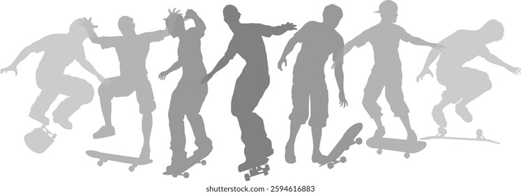 Skateboarders skateboarding on skate boards silhouette people set. Active sports people healthy players fitness silhouettes concept.