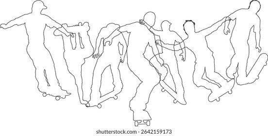 Skateboarders skateboarding on skate boards silhouette people set. Active sports people healthy players fitness silhouettes concept.