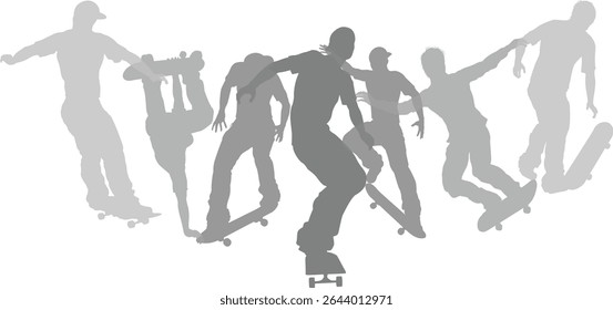 Skateboarders skate skate em pranchas de skate silhueta pessoas set. Esportes ativos pessoas saudáveis jogadores fitness silhuetas conceito.