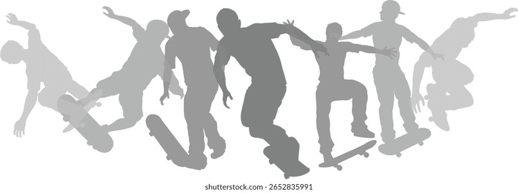 Skateboarders skate skate em pranchas de skate silhueta pessoas set. Esportes ativos pessoas saudáveis jogadores fitness silhuetas conceito.
