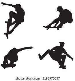 Skateboarders. Skaters. Four silhouettes of skateboarders. The shadows of the skaters. Skaters perform tricks. Stencils