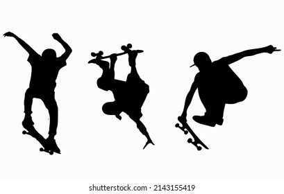 Skateboarders. Skaters. Three silhouettes of skateboarders. The shadows of the skaters. Skaters perform tricks. Stencils