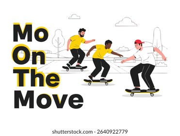 Skateboarders skating on a city street with text