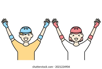Skateboarders, smiling boys and girls raising their hands