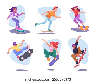 Skateboarders. Urban lifestyle of teenagers skateboarders exact vector boys and girls in action poses making different tricks