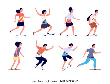 Skateboarders. Urban teenagers jump skateboarding, young girls boys with skateboards and longboards. Isolated cartoon vector characters